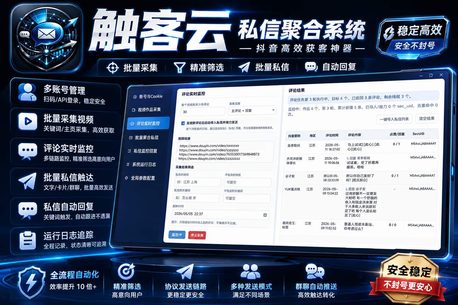 【新品正版】抖音私信聚合系统(不限账号) 评论协议实时监控 自动私信卡片 私信监控自动回复 群聊回复